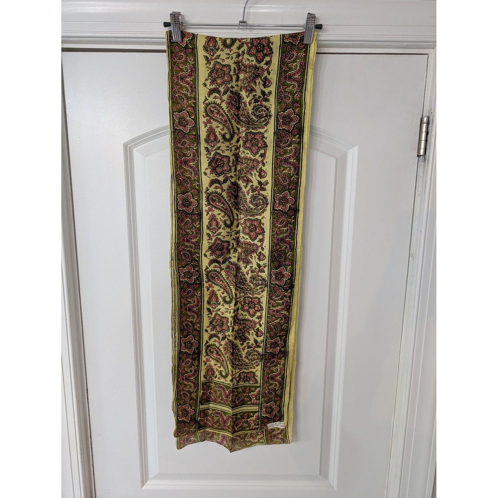 Vintage Hand Woven 100% Silk Scarf India Paisley‎ Floral Green Yellow Pink Wrap